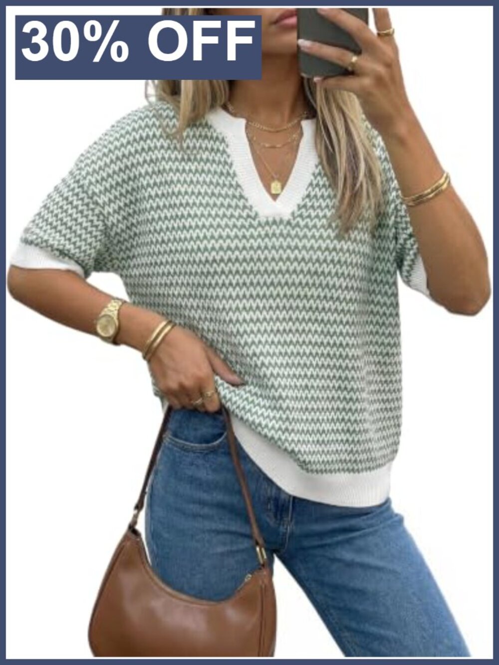 Short Sleeve Striped Pullover Sweater V-Neck Cotton Work Casual